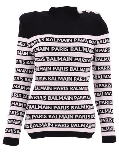 Shop Balmain Logo Print Striped Turtleneck Sweater In Multi