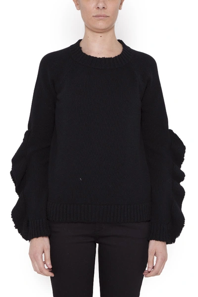 Shop Red Valentino Ruffled Sleeve Chunky Knit Sweater In Black