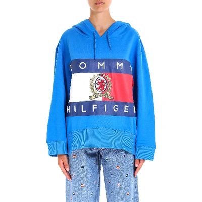 Shop Tommy Hilfiger Logo Print Oversized Hoodie In Blue