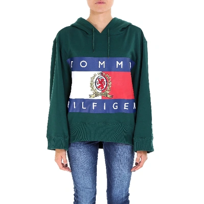 Shop Tommy Hilfiger Logo Print Oversized Hoodie In Green