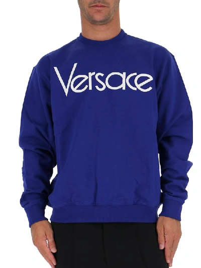 Shop Versace Logo Print Sweatshirt In Blue