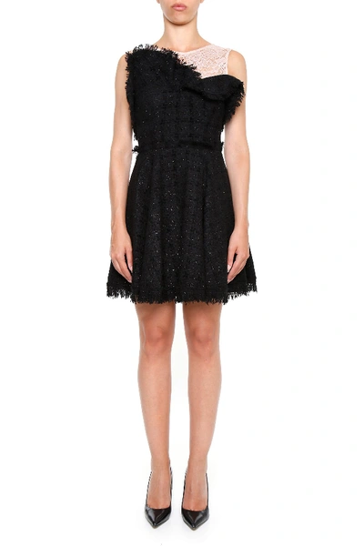 Shop Msgm Lace And Tweed Detail Mini Dress In Black