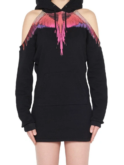 Shop Marcelo Burlon County Of Milan Wings Cut Out Shoulder Hoodie Dress In Black