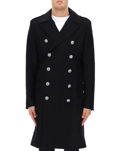 Shop Balmain Embossed Long Button Coat In Black