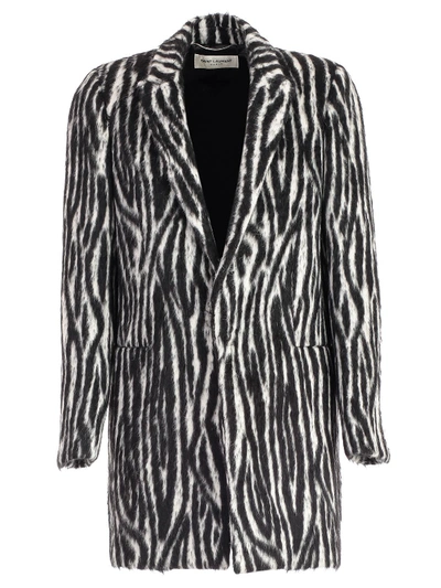 Shop Saint Laurent Tiger Stripe Fur Coat In Black