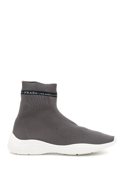 Shop Prada Logo Sock Sneakers In Grey