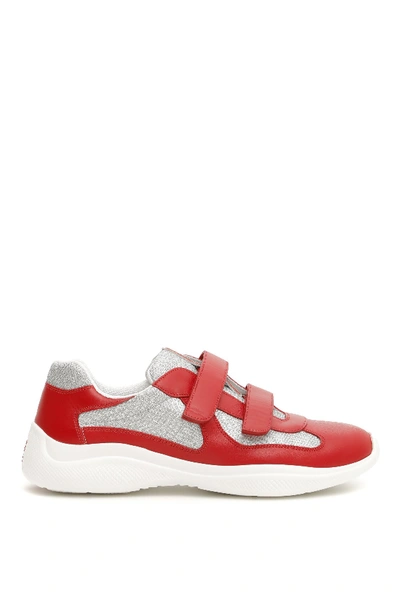 Shop Prada Velcro Strap Sneakers In Rosso+argento
