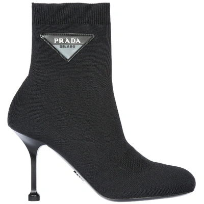 Shop Prada Logo Heeled Sock Boots In Black