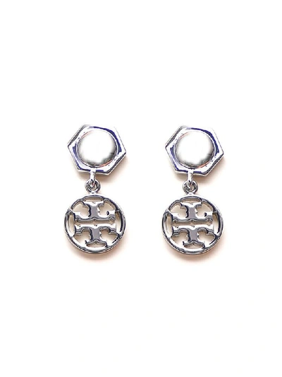 Shop Tory Burch Hexagon Logo Drop Earrings In Silver