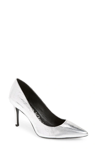 Shop Calvin Klein 'gayle' Pointy Toe Pump In Silver Leather