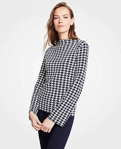 Shop Ann Taylor Houndstooth Mock Neck Sweater In Night Sky
