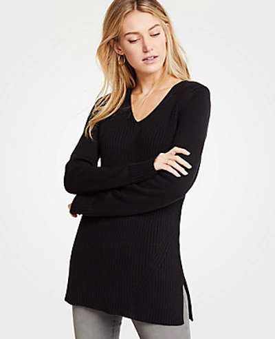 Shop Ann Taylor Petite Ribbed V-neck Tunic Sweater In Black
