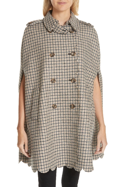 Shop Red Valentino Plaid Wool Blend Cape In Cammello