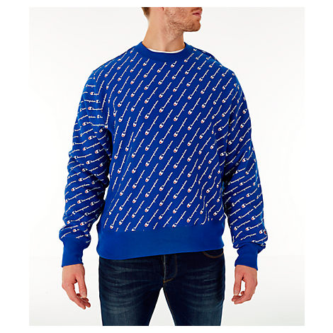 champion reverse weave all over print blue crew neck sweatshirt