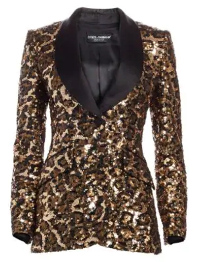 Shop Dolce & Gabbana Leopard Print Sequin Shawl Collar Jacket In Ricamo Leo