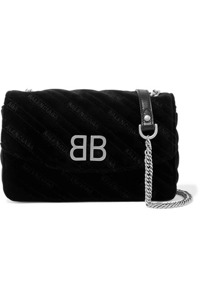 Shop Balenciaga Bb Chain Embroidered Quilted Velvet Shoulder Bag In Black