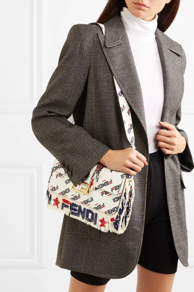 Shop Fendi Baguette Bead-embellished Printed Leather Shoulder Bag In White