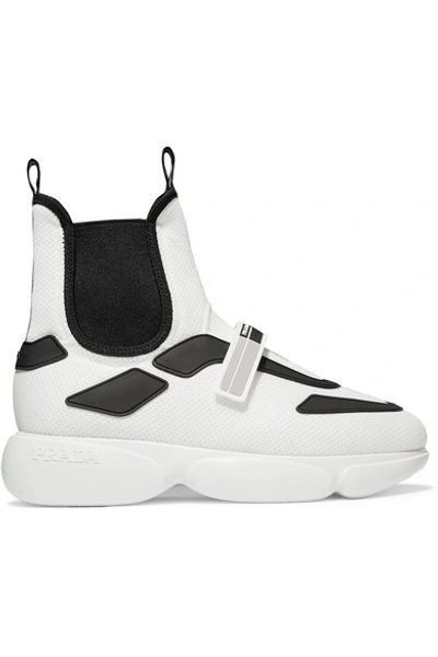 Shop Prada Cloudbust Logo-embossed Rubber, Neoprene And Leather-trimmed Mesh High-top Sneakers In White