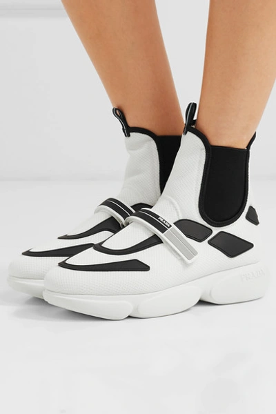 Shop Prada Cloudbust Logo-embossed Rubber, Neoprene And Leather-trimmed Mesh High-top Sneakers In White