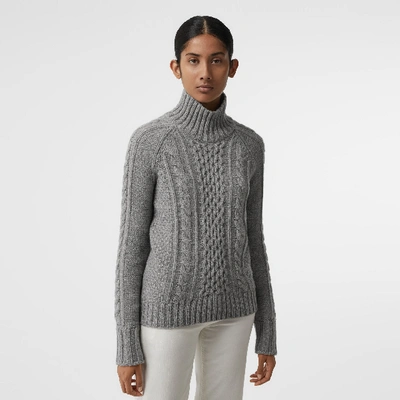 Shop Burberry Cable Knit Cashmere Turtleneck Sweater In Mid Grey Melange