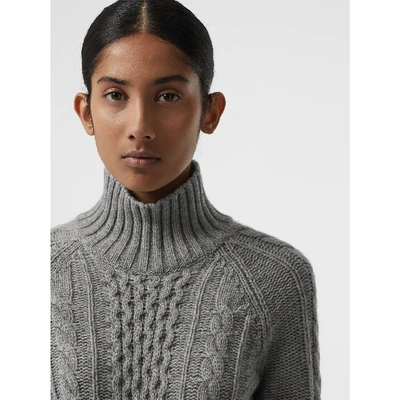 Shop Burberry Cable Knit Cashmere Turtleneck Sweater In Mid Grey Melange