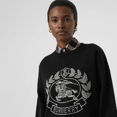 Shop Burberry Crest Merino Wool Blend Jacquard Sweater In Black