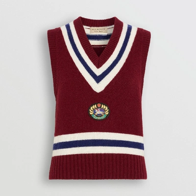 Shop Burberry Embroidered Crest Wool Cashmere Tank Top In Burgundy