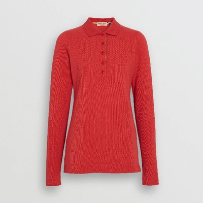 Shop Burberry Long-sleeve Check Placket Cotton Piqué Polo Shirt In Bright Red