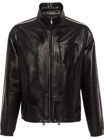 Shop Prada Side-striped Leather Jacket - Black