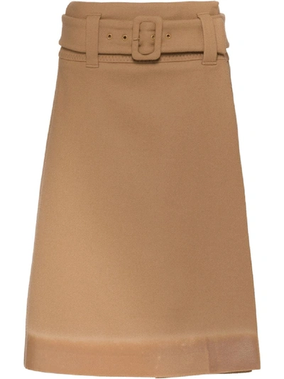 Shop Prada Belted Wool Skirt - Brown