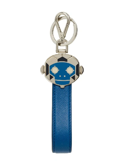 Shop Prada Saffiano Leather And Metal Keychain - Blue