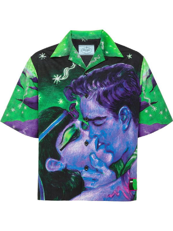 Prada Cleopatra Kissing Bowling Shirt In Purple In Green | ModeSens