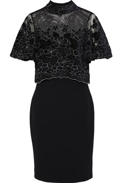 Shop Badgley Mischka Woman Layered Velvet-appliquéd Tulle And Crepe Dress Black