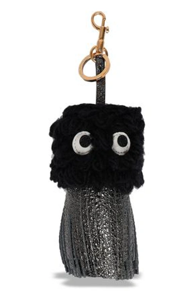 Shop Anya Hindmarch Embellished Wool And Metallic Leather Keychain In Black