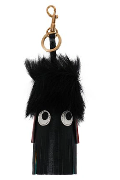 Shop Anya Hindmarch Woman Embellished Fringed Leather Keychain Black