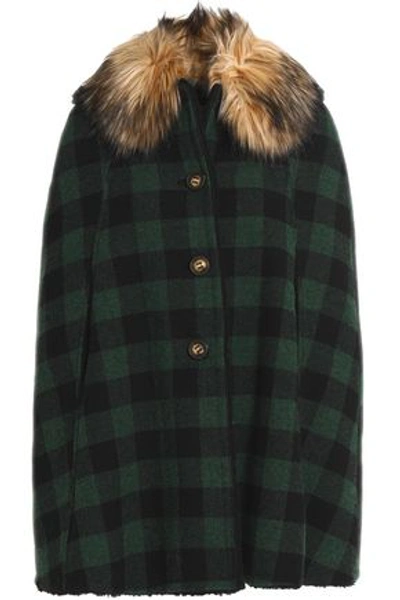 Shop Red Valentino Woman Faux Fur-trimmed Checked Wool Cape Dark Green