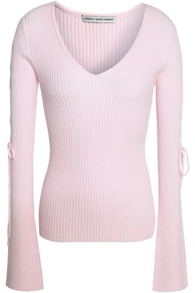 Shop Autumn Cashmere Woman Lace-up Ribbed Cotton-blend Sweater Baby Pink