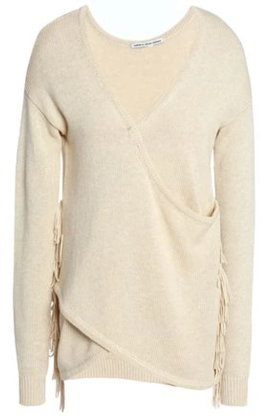 Shop Autumn Cashmere Woman Wrap-effect Fringe-trimmed Cotton Sweater Beige