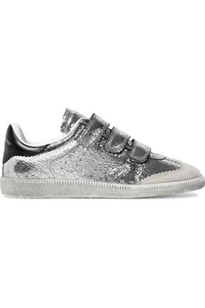 Shop Isabel Marant Woman Beth Suede-paneled Metallic Cracked-leather Sneakers Silver