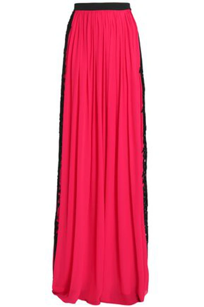Shop Zuhair Murad Woman Lace-trimmed Silk-blend Crepe Maxi Skirt Bright Pink