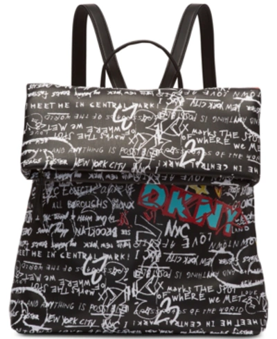 Shop Dkny Tilly Graffiti Foldover Backpack In Black Graffiti/silver