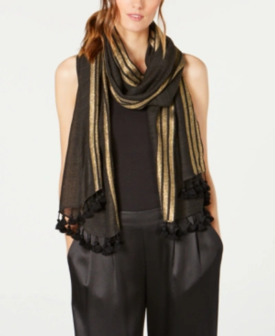 Shop Eileen Fisher Metallic Wool Blend Tassel Scarf In Black/gold