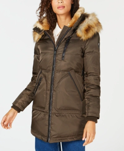 Shop Vince Camuto Faux Fur Hooded Puffer Coat In Bark