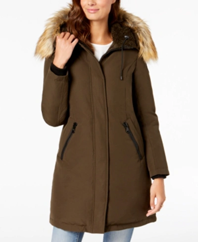 Shop Vince Camuto Faux-fur-trim Hooded Down Parka In Olive