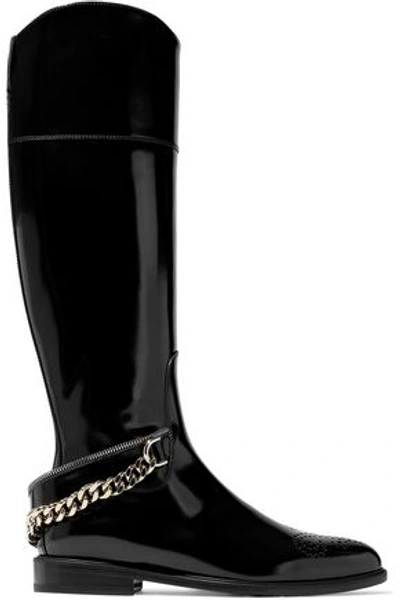 Shop Lanvin Woman Chain-trimmed Laser-cut Leather Boots Black