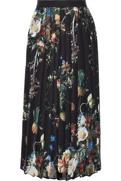 Shop Adam Lippes Woman Pleated Floral-print Chiffon Midi Skirt Black