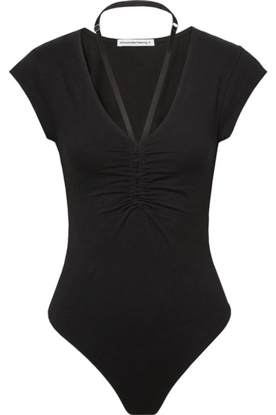Shop Alexander Wang T Strap-detailed Ruched Stretch-cotton Jersey Thong Bodysuit In Black