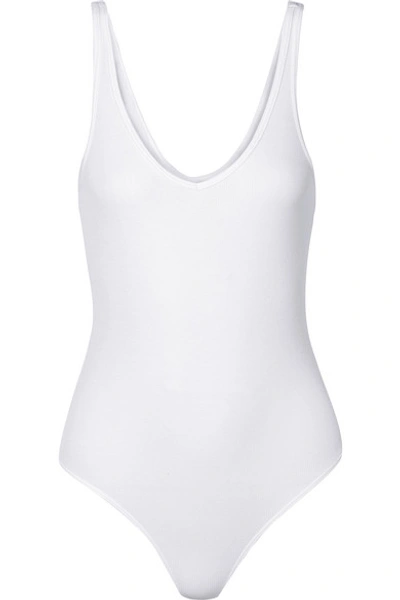 Shop Atm Anthony Thomas Melillo Ribbed Stretch-micro Modal Thong Bodysuit In White