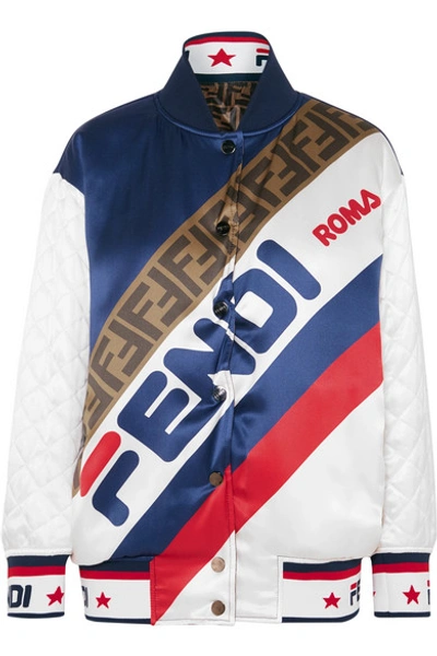 Shop Fendi Reversible Quilted Printed Silk-satin Bomber Jacket In Navy