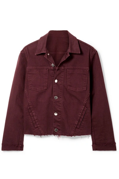 Shop L Agence Janelle Cropped Frayed Denim Jacket In Burgundy